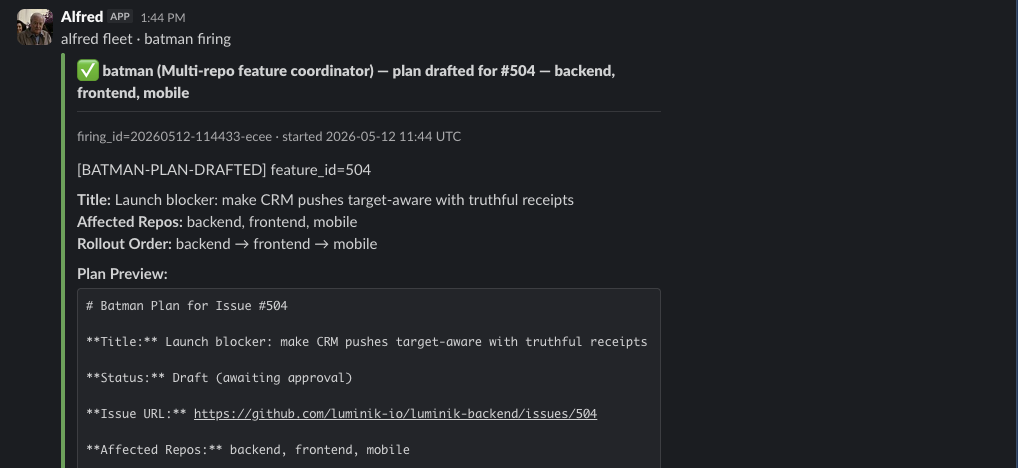 Slack message from the Alfred bot showing Batman drafting a plan for issue #504, with affected repos backend, frontend, mobile, and a rollout order. The plan is in draft, awaiting approval.